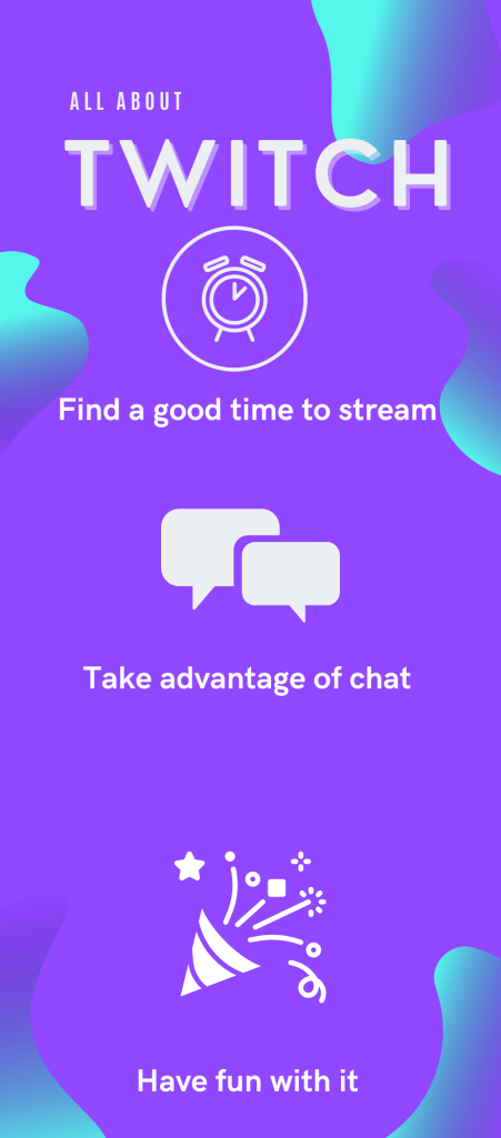 Infographic
Headline: All about Twitch 
1. Find a good time to stream 
2. Take advantage of chat 
3. Have fun with it 