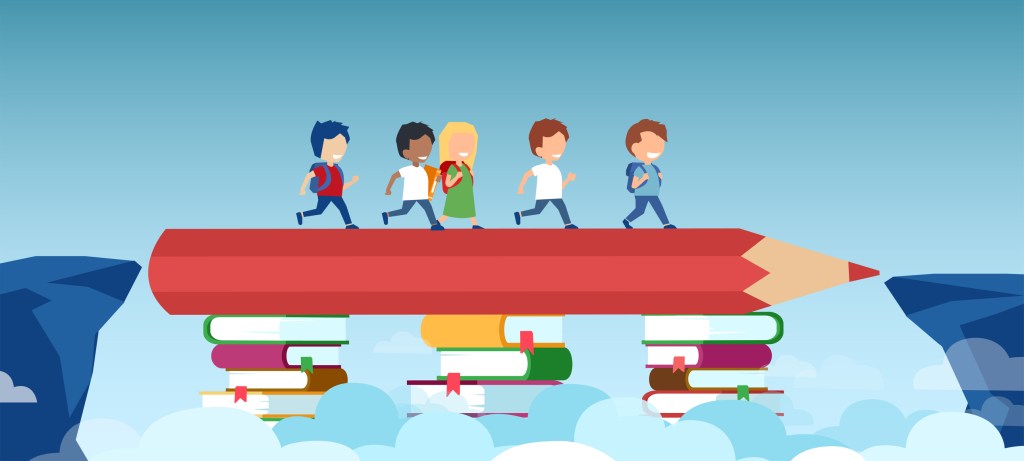 Vector of a pencil on book stacks bridging the gap in primary education for children passing by.