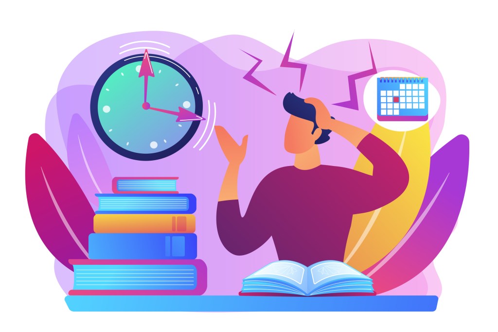 Terrible time crunch, cramming material before tests, examination. Exams and test results, personal exam timetable, exam stress and anxiety concept. Bright vibrant violet vector isolated illustration