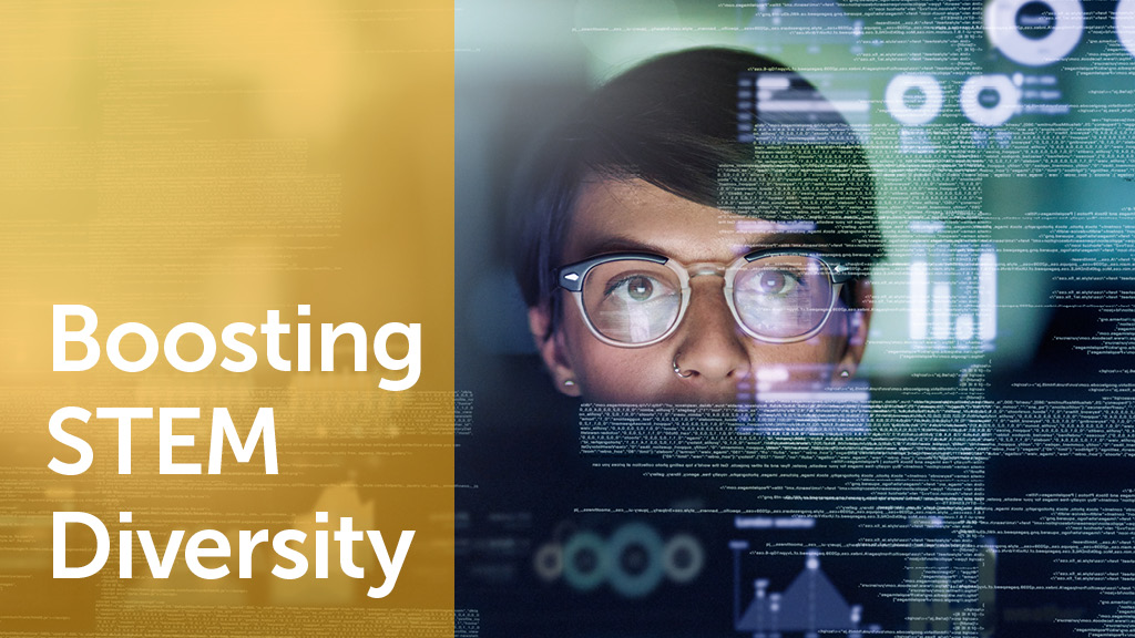 Image of girl looking at code from a computer screen. The image text says  STEM Diversity.