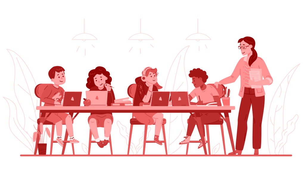 Image of students working on a project based learning assignment and a teacher providing guidance.