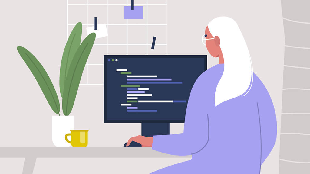 Women STEM professional typing code on a computer.